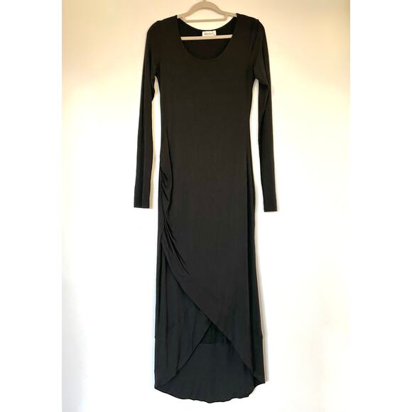 NWOT Marcella NYC Black Long Sleeve Ruched Tulip Hem Midi Dress M Tencel Bodycon - Picture 14 of 15